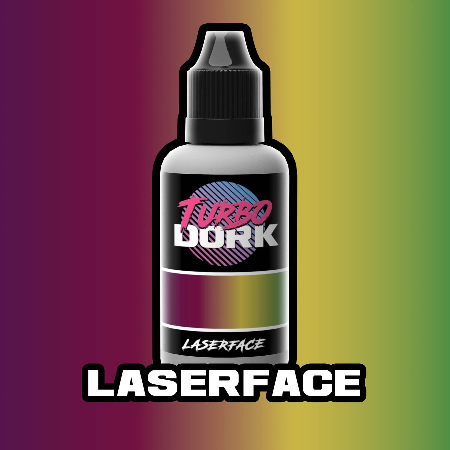 bottle of red, green, and yellow turboshift paint (Laserface)