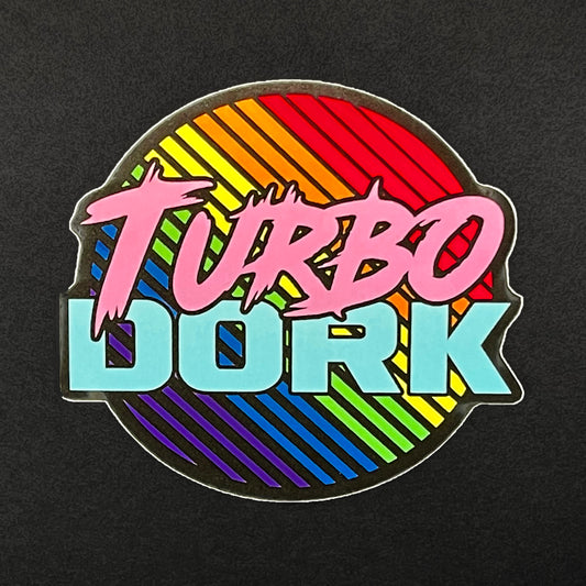 Turbo Dork Pride logo sticker closeup