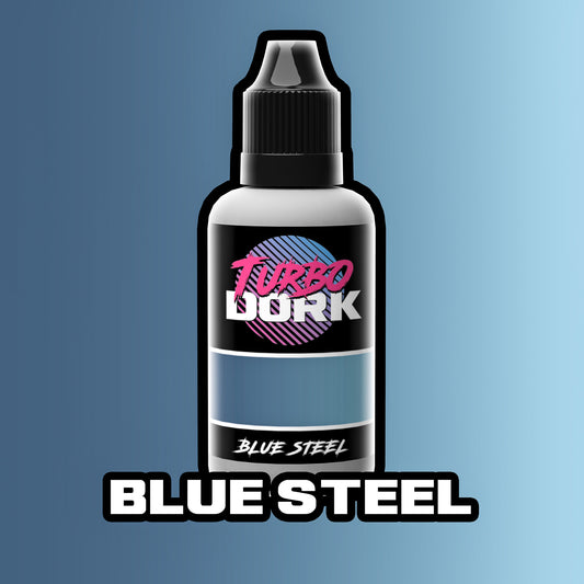 bottle of blue-gray metallic paint (Blue Steel)