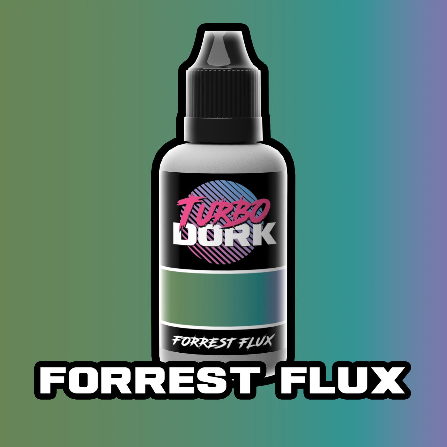 bottle of green, turquoise, and purple turboshift paint (Forrest Flux)
